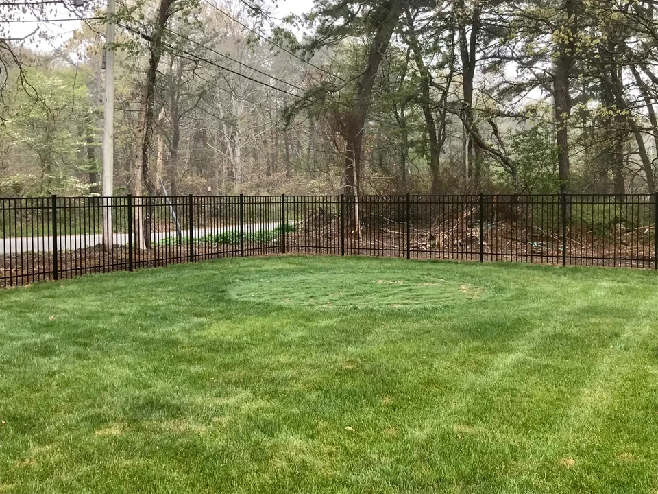 Five-foot black Style 202 aluminum fence defining a Bellport, New York backyard perimeter.
