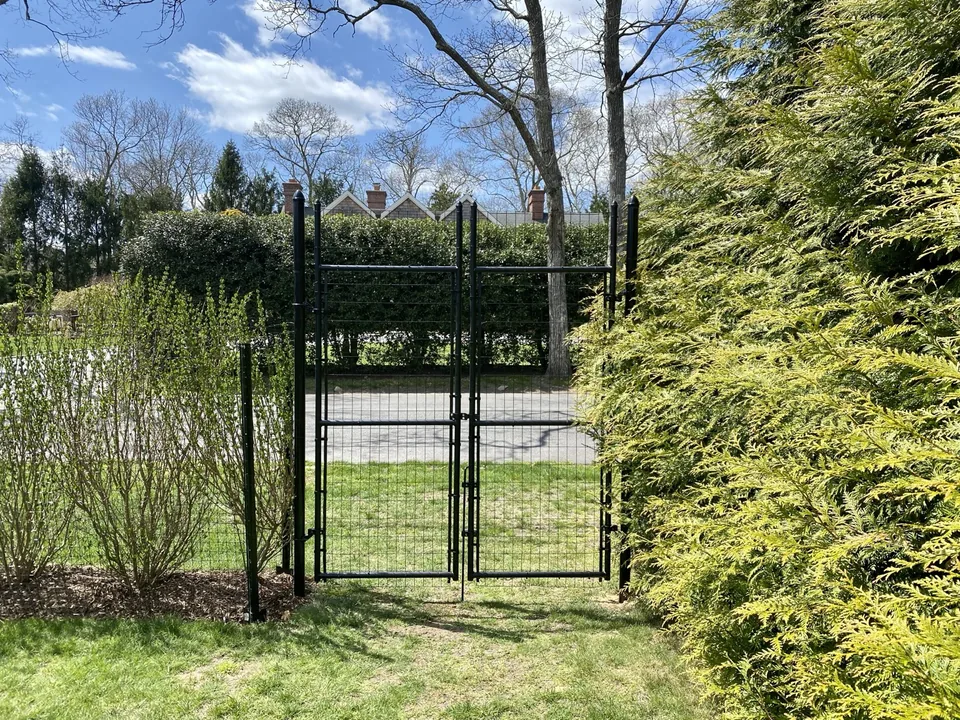 Black double gate in a deer fence set against a tall clipped hedge