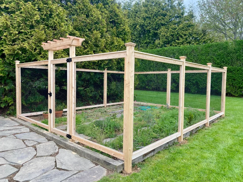 Angled view of a cedar-framed wire garden enclosure surrounded by lawn and hedges in Sagaponack