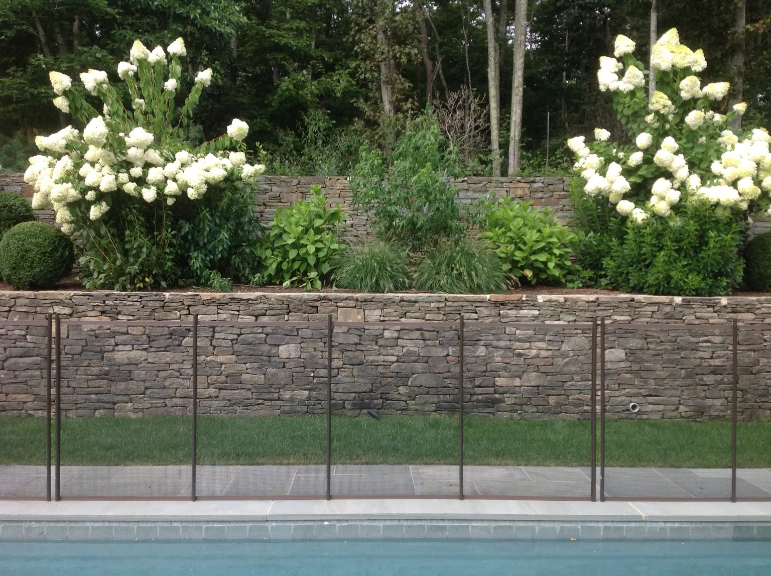 Brown Guardian mesh fence against a stone retaining wall and white hydrangeas in East Hampton