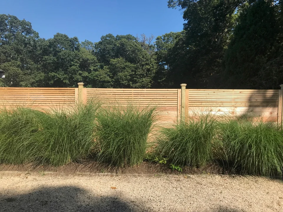 Long run of custom horizontal cedar fencing behind landscaped grasses in Westhampton, New York