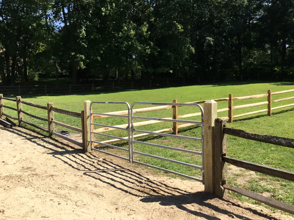 Split rail fencing with metal gates in Oyster Bay, New York.